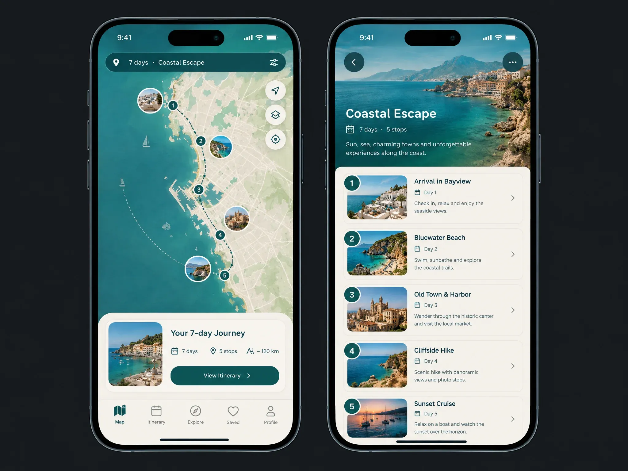 Drift Travel app screens with map and itinerary cards